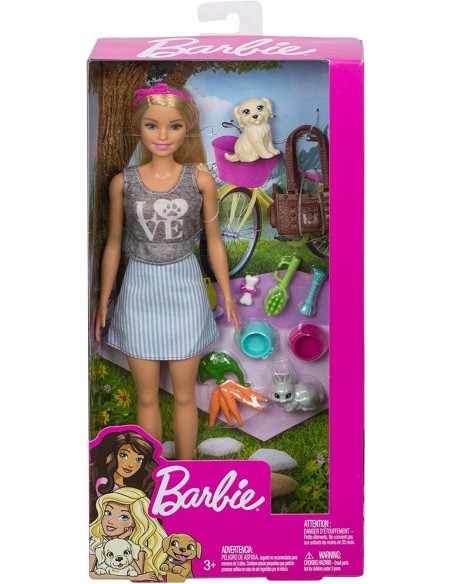 Barbie Famille coffret poupée et ses animaux, avec figurines chiot, lapin