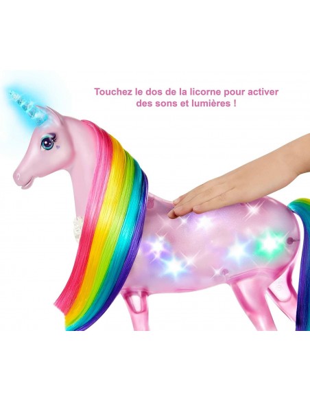Barbie Dreamtopia Licorne rose Lumières Magiques crinière arc-en-ciel, sons et lumières et poupée princesse