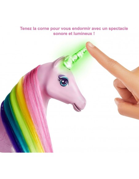Barbie Dreamtopia Licorne rose Lumières Magiques crinière arc-en-ciel, sons et lumières et poupée princesse