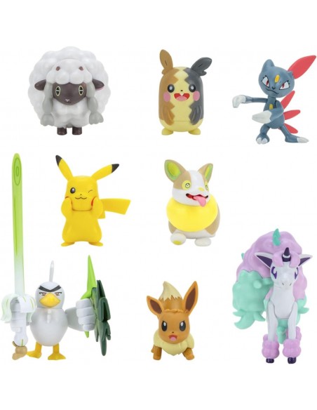 Pokémon - 8 Figurines Battle - Pikachu, Evoli,Moumouton,Farfuret,Voltoutou,Palarticho,Ponyta,Morpeko