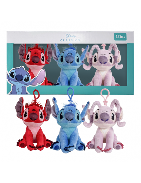 Coffret Porte-clés Disney Stitch, Angel et Leroy, lot de 3, 15 cm.