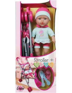 Poussette canne avec bebe poupon 33 cm et accessoires